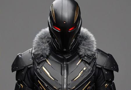bust assassin,front view and back view,stylized hitech tactical suit bust,stylized suit bust,stylized concept,stylized art,concept of a male hitech tactical suit,concept art,bust of afigure with enigmatic presence. hitech, hard surface, Young man clad in a skin tight tactical suit in dark black and grey colours adorned with golden ornaments <a touch of pristine white fur at the collar:2> he exudes an sinister aura.His handsome detailed young face is conncealed by sinister emotions covers his bloodlust,  leaving only his crimson eyes visible through. Dressed in a skin tight tactical suitin dark black and grey colours ensemble, many tight straps on legs and arms,he moves with the fluid grace of a predator, every movement purposeful and deliberate. <He carries many deadly gadgets, knives, blades and dagger.:> His short silver hair is a striking contrast against the dusk of his attire, hints belies his youthful visage.In his hand, he wields the Whispering Shadow blade, an obsidian-black-gold blade adorned with mesmerizing silver runes that seem to glow crimson red and silver.This enigmatic figure embodies the lethal prowess and uncanny finesse of the League of Shadows, a master of the shadows and a harbinger of silent, swift demise. He carries the Shadowmark Insignia,sinister artifact which powers his suit. simple background, grey gradient background, 2077, cyberpunk