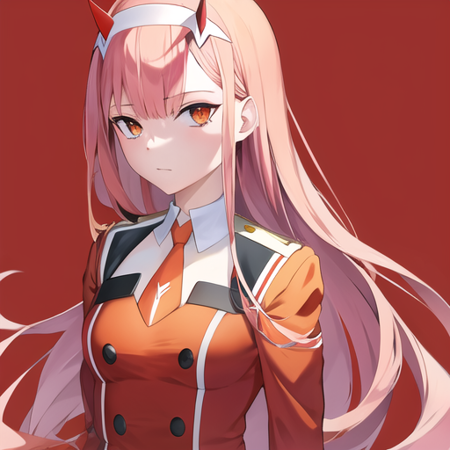 masterpiece, best quality, 1girl, zero two, uniform, military uniform, red jacket, orange necktie, honey<lora:qqq-zero_two-v1:0.6>