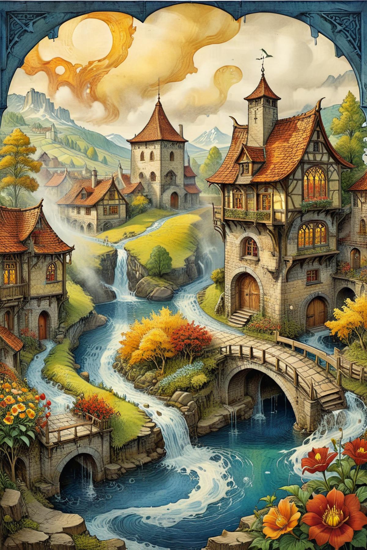 An Illustration of a Medieval Town with a River Running Through the Middle