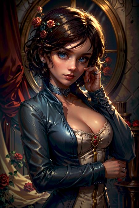 (masterpiece, best quality:1.3)
<lora:epi_noiseoffset2:1> <lora:add_detail:0.7>   <lora:BioshockElizabeth:0.8>
BioshockElizabeth, 1girl, solo, looking at viewer, short hair, blue eyes, brown hair, cleavage, jewelry, jacket, upper body, flower, choker, rose, ring, red flower, hand on own face, smoke, red rose