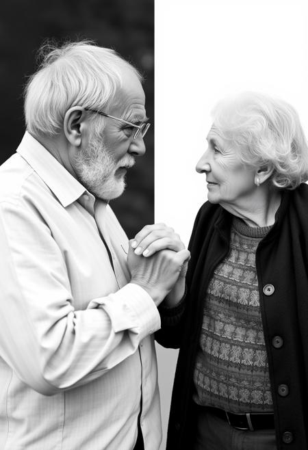 old man meeting an old lady, the image is separated in two halves. one side is black and white with the old man on a black background. the opposite is in color with the woman over a white background. both looking at one another, hands touching in the middle,