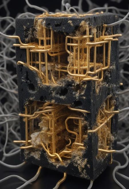 Soap film dendrite 19th level Menger sponge mating with nixie tubes but made of diaphanous obsidian cheese aerogel interwoven with thin copper tubing and gold wire circuitry stolen from a 2nd generation quantum computer.