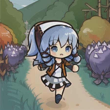 solo, magnolia, human, female, chibi, blue eyes, running, skirt, forest <lora:pk_magnolia_v2-000008:1>