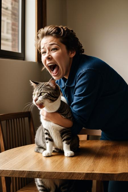 (Woman Yelling at a Cat: Combines an image of a woman shouting with a confused-looking cat sitting at a table.), by august sander , shot by Kodak PIXPRO AZ401 16MP Digital Camera , <lora:epi_noiseoffset2:0.6>, (sharp:0.7)