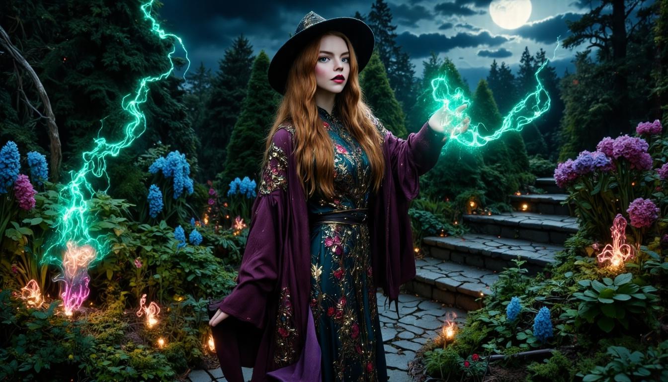 <lora:Anya_Taylor-Joy_flux-2017:1.2> Anya Taylor Joy a skinny teen with strawberry blonde hair and pale skin magical atmosphere, nature focus, dim lighting, highly detailed masterwork painting portraying a beautiful witch, sfumato, golden ratio, a serene nighttime scene of a gorgeous nature witch casting a spectacular teal and gold-colored spell over a flower bed in her magical garden, she stands gracefully on a narrow cobblestone path in her lush herb garden, her captivating eyes focused on the spell, while her long, silky red hair flows softly in the night breeze, she wears a flowing, intricately detailed ornate robe in shades of bordeaux and purple, embroidered with floral motifs and a leather pouch filled with herbs at her side, her hands raised, tendrils of glowing green magic unfurling from her fingertips, illuminating the plants around her with a mystical light, the distant moon, partially obscured by dramatic clouds, is casting dappled moonlight across the land, the mood is peaceful and enchanting, the scene exuding a quiet sense of wonder, the herb garden is filled with fantastical plants, some bioluminescent, others with surreal shapes, a nearby plant features glowing blue flowers with petals resembling spiraled seashells, casting an ethereal light, another plant has long, twisting leaves that sway gently in response to the witchs magic, their edges faintly glowing purple, further back, a cluster of bulbous plants with translucent crimson roots pulse faintly, as if alive, contributing to the magical ambiance, the sky above is dramatic, with clouds drifting lazily, half obscuring the full moon, which bathes the garden in soft, silver dappled moonlight, casting gentle shadows and adding depth, the interplay of light and shadow enhances the dreamlike quality of the moment, the witchs face is serene, reflecting her deep connection to nature, the plants around her vibrant and alive in response to her magical spell, the perspective is intimate, as though the viewer is standing just a few feet away, watching the witch in her natural element, her garden framed by the deep shadows of the night, the foreground is rich in detail, with vibrant plants, the shimmering light of the magic, and the texture of earth and moss beneath her feet, the painting captures the warmth of the scene despite the cool night air, with subtle golden hues blending with the deep greens and purples of the garden, the background features shadowy trees and vines, fading into the dark, mysterious forest beyond, the overall color palette is rich and dark, dominated by deep greens, soft blues, purples, and silver moonlight accentuating the magic and lush garden, the oil painting technique adds depth and texture, with soft, layered brushstrokes giving a sense of movement and life to the garden, detailed perfect hands, detailed background, dark corners, hkmagic, style of alberto vargas,  <lora:FantasyWizardWitchesFluxV2-000001:.9> hkmagic  <lora:MysticFantasy:0.56>  <lora:Dever_Flux_Enhancer:0.5>