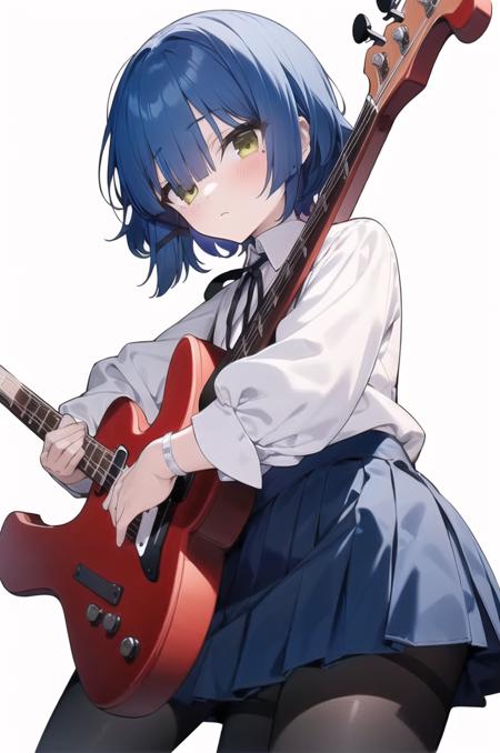 (masterpiece, best quality),1girl, solo, layered sleeves, skirt, instrument, white background, shirt, short over long sleeves, holding instrument, holding, simple background, white shirt, long sleeves, looking at viewer, short sleeves, guitar, ribbon, bass guitar, black skirt, neck ribbon, black ribbon, pleated skirt, closed mouth, electric guitar, collared shirt, sleeves past wrists, standing, eyes visible through hair, pantyhose, blush, black pantyhose, cowboy shot, music