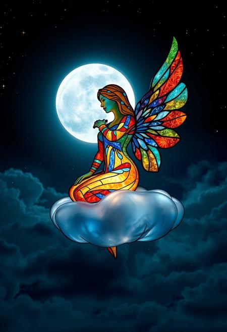 a garden statue design of a mystical nighttime scene where a woman figure, meticulously crafted from vibrant stained glass, serenely sits upon a, stained glass cloud. The cloud is suspended amidst a dark, star-studded sky, with a soft, luminescent full moon casting an ethereal glow. The woman's form is rendered entirely in stained glass, with delicate, intricate lines tracing the contours of her body. Her wings, also fashioned from stained glass, stretch out from her back, showcasing an astonishing level of detail and craftsmanship. The wings' connecting parts are accentuated by a latticework of fine, shimmering lines, evoking a sense of fragility and wonder. The overall effect is one of dreamlike enchantment, as if the woman might take flight at any moment, leaving a trail of glittering, colorful shards in her wake. Highest-Quality, 4k, intricate details, visually stunning, Masterpiece
