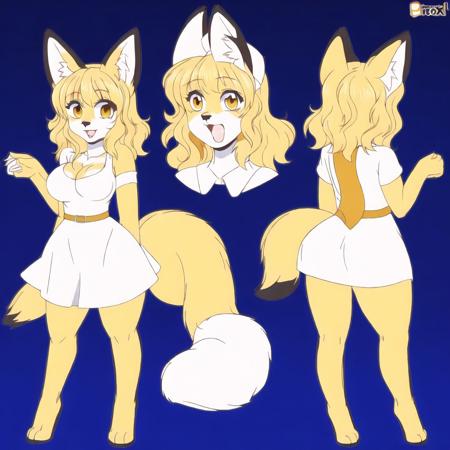 <lora:furry_model_sheet2:1.0>,  solo, model sheet, multiple views,  anthro, furry,

<lora:lovelycomplex3:1>, 1girl, animal ears, blonde hair, breasts, dress, fox ears, fox tail, large breasts, looking at viewer, multiple tails, no hat, no headwear, open mouth, short hair, sneer, solo, tabard, tail, white dress, yellow eyes