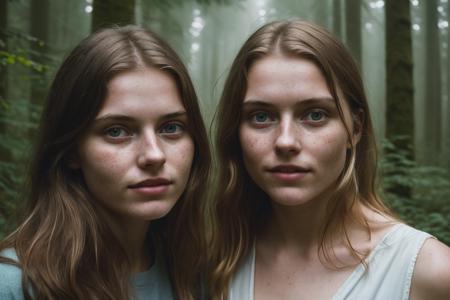 hyper realistic photograph, film grain, Kodak portra 800, f1.8, close up of two beautiful 18yo danish women,  walking through a dense forest, haze,  fog, dim diffuse light, detailed faces, beautiful faces, beautiful eyes, piercing eyes, gaunt, tired, dehydrated, crazy smile, unhinged, psychopathic