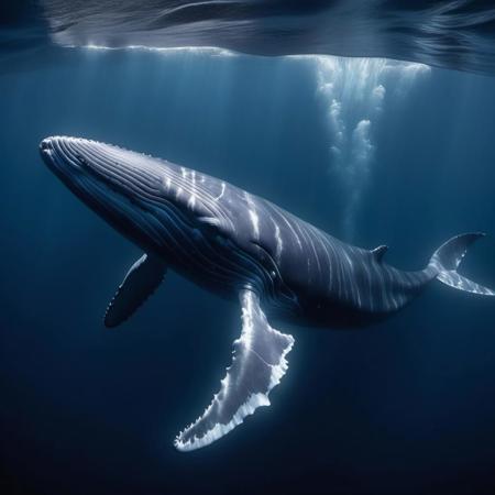 a majestic realistic blue whale swimming in the deep in the dark ocean,
depth of field, cinema photography under the water, professional color
grading, exquisite detail, realistic photography, cinematic lighting,
super resolution, megapixel, global Illumination, unreal engine 5,
wide angle,