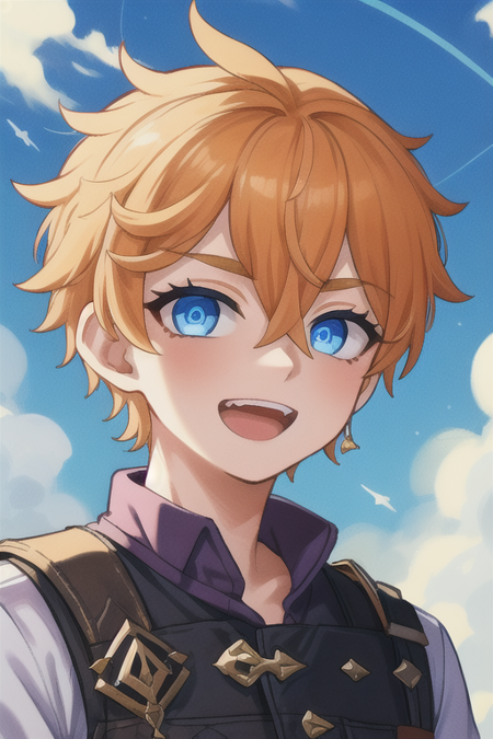 1boy,solo,male focus,tartaglia, blue eyes, hair between eyes, orange hair, short hair,,more details in eyes,cute,looking at viewer, adorabel boy,cute face,details sky,handsome,young,juvenile,((masterpiece:1.4,best quality)),multiple details,orful hair,eyeshadow,sfw,(upper body),smile,open mouth,dynamic angle,,cloud, colorful, starry, stars