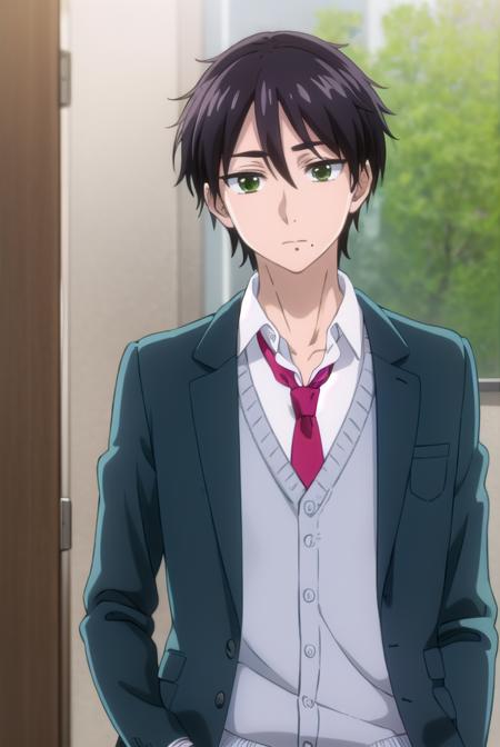 kaitamaru, <lora:kai tamaru s1-lora-nochekaiser:1>,
kai tamaru, short hair, black hair, male focus, mole, (green eyes:1.3), mole under mouth, hair between eyes,
BREAK shirt, long sleeves, school uniform, jacket, white shirt, open clothes, necktie, pants, open jacket, blazer, cardigan, red necktie, sweater vest, brown pants,
BREAK indoors, classroom,
BREAK looking at viewer, (cowboy shot:1.5),
BREAK <lyco:GoodHands-beta2:1>, (masterpiece:1.2), best quality, high resolution, unity 8k wallpaper, (illustration:0.8), (beautiful detailed eyes:1.6), extremely detailed face, perfect lighting, extremely detailed CG, (perfect hands, perfect anatomy),