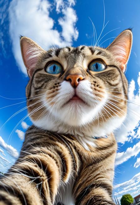close-up cat taking a selfie, fisheye effect style, happy mood, strong facial expression, blue sky background with cirrus clouds,