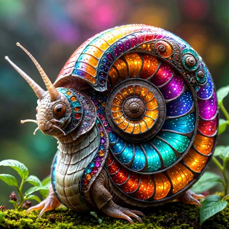 fantasy glowing colorful snail spiral, blinking, highly detailed, photorealistic, complex structure, many details,, <lora:add-detail-xl:0.8>