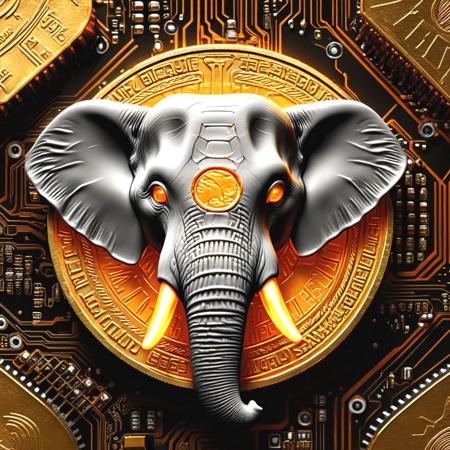 A gold coin, elephant head with orange glowing eyes, polished, ultra detailed, circuit board background