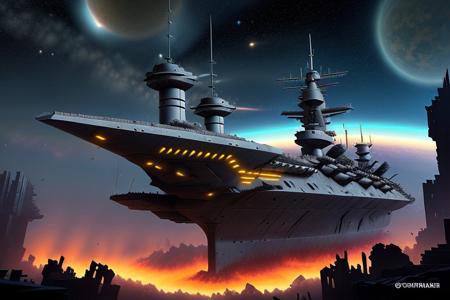 a space pirate battleship among the ruins of an advanced, futuristic city