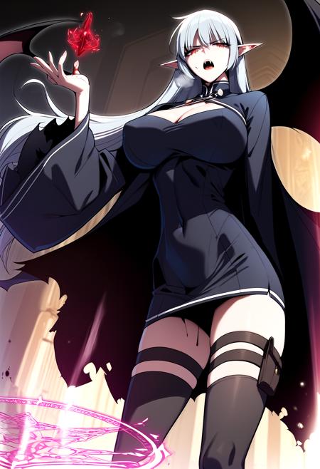 long hair, red eyes, grey hair, white hair, pointy ears bat wings cape, cleavage cutout, black dress, short dress, cleavage, covered navel, wide sleeves, long sleeves, black thighhighs, thigh strap black ribbon, neck ribbon, white shirt, long sleeves, black dress, belt