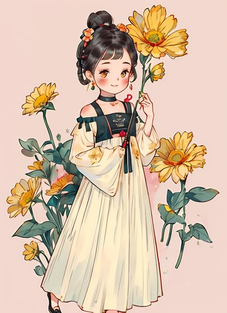 1girl, solo, blush, smile, simple background, black hair, hair ornament, long sleeves, white background, dress, ribbon, holding, standing,  braid,earrings, choker,  floral print, facing viewer, hair rings, yellow flower, holding flower, <lora:gufeng_v1:0.7>