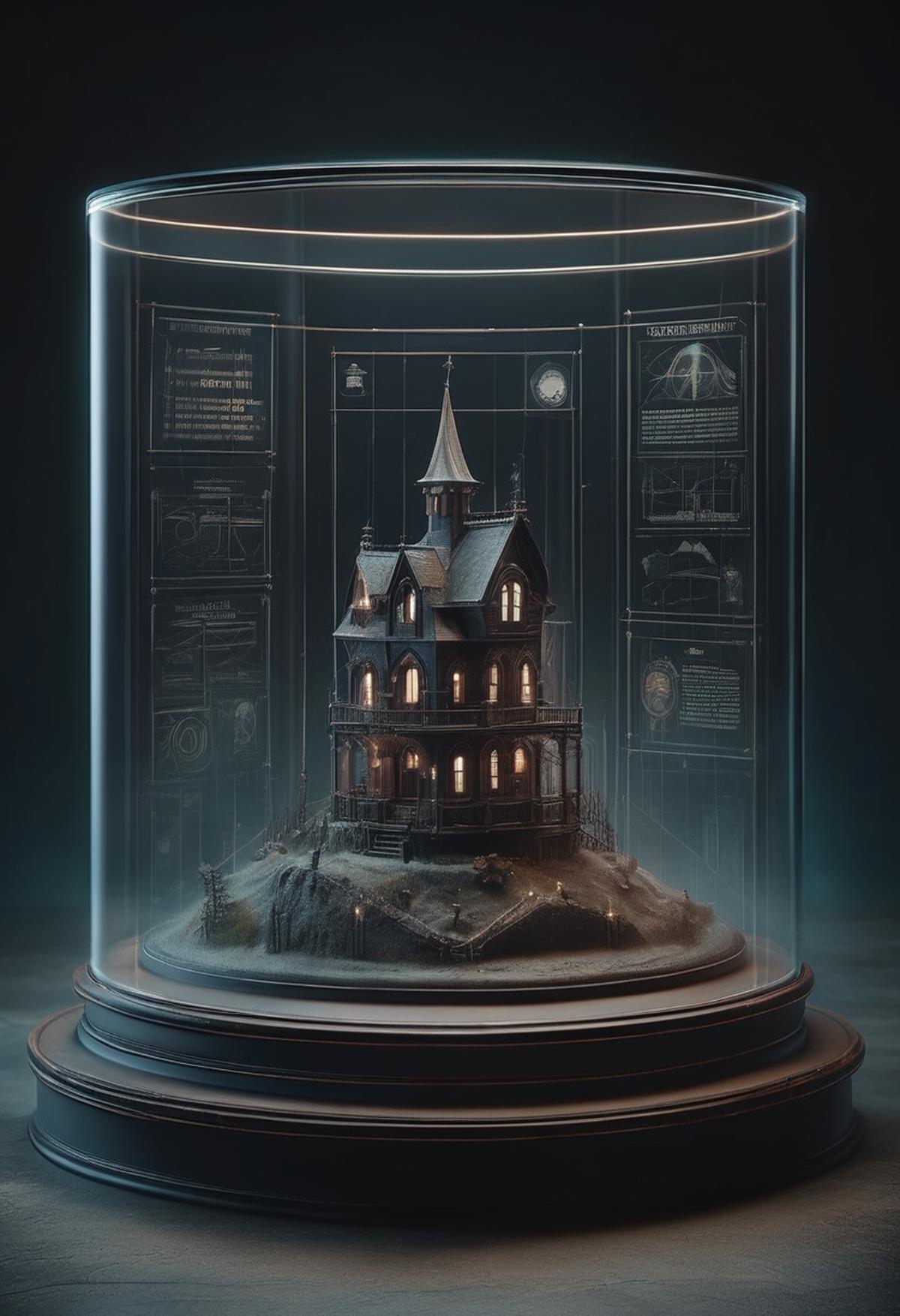 A 3D model of a large house with a steeple is displayed in a glass case.