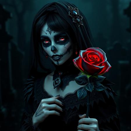1girl, mysterious, hyper-realistic, despotically evil vampire queen, detailed argular scary face, goth sugar skull make up, jet black hair, black malachite crystal victorian dress with sharp jagged textures, Black Soul Gem Eyes, skull tiara with ebony accents, vampire fangs, glowing bioluminescent accents, holding scepter carved from bone with a red crystal skull on th end, haunting cemetery background, black glass floor, dim lighting, matte color tones, flat color style, horror fantasy, intricate details, cinematic shading, reij-blckprlglss, aidmaImageUpgrader