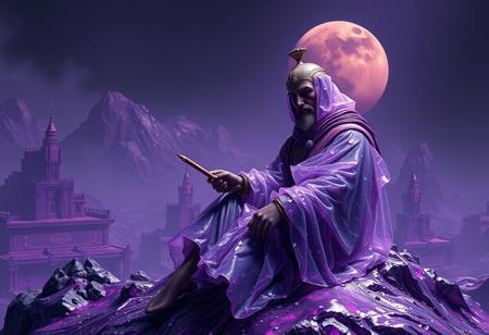 Create a highly detailed, lifelike image of an ancient soldier sitting on top of a Dark City made of liquid purple metal, with a painting of c-3p0 in the background. The soldier should be draped in transparent crystals, christalized, and highly capsuled, with a pencil in hand. Inspired by Sengai, the image should have a rich color palette, a golden ratio composition, and incorporate subsurface scattering and caustics. The style should be reminiscent of Artgerm and trending on Artstation, with an opalescent and particulate quality. Apply a VHS filter and ensure the image has micro details, is in 4k or 8k resolution, and has a safe-for-work (sfw) rating. Render using Octane render for optimal quality.