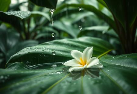 Cinematic photography, rainwater pooling in hollow of tropical leaf resembling body curve, droplets sliding down like sweat, oversized gardenia floating in water, setting: steamy greenhouse at downpour, mood: primal release, lighting: raindrop-refracted jungle light, color theme: emerald and creamy white, camera: ARRI Alexa Mini