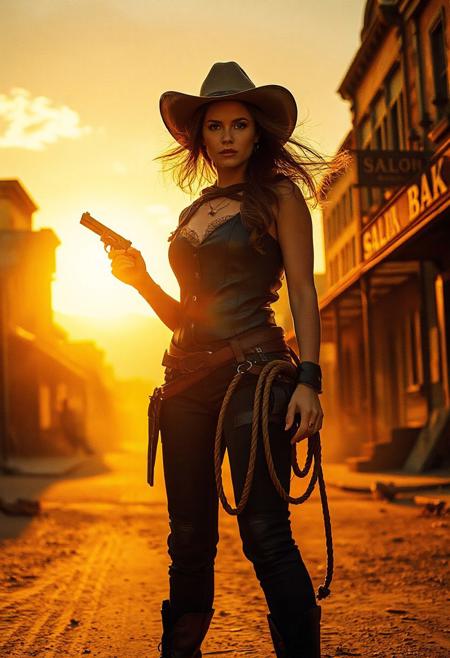 A fearless cowgirl standing alone on a dusty main street of an old western village, during golden sunset, holding a rope and a revolver, wind blowing dust and trash around, saloon on the left, old bank on the right, cinematic lighting, dramatic shadows, ultra-realistic style, 35mm film photography, low angle shot, golden hour glow, confident expression, leather outfit, wind-blown hair