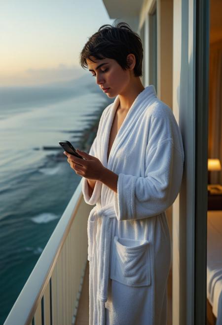 Cinematic quality image of:
young woman, towel-dried pixie cut dark hair, olive skin, wearing white hotel bathrobe, standing at hotel room balcony, phone in hand, ocean view in background, evening lighting, thoughtful expression, considering texting someone, 4k, high detail, photorealistic, introspective moment