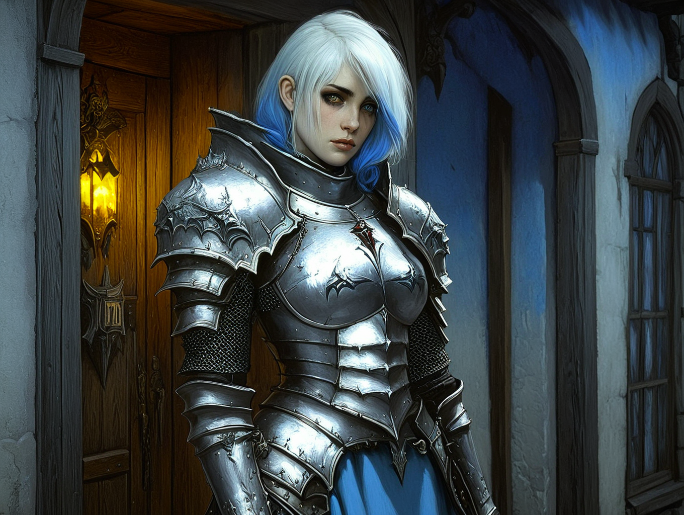 ArsMJStyle, dnddarkestfantasy, A tired female paladin with old armor. standing in front of Midevil tavern, portrait, cold blue light,  <lora:Colorful_Crayons_Pony:1> colorful, <lora:DnD_Darkest_Fantasy_Party:1>