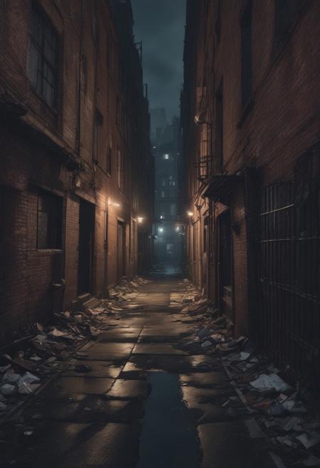 A dimly lit 2D alley at night, with tall, shadowy buildings on either side. The only light comes from a flickering streetlamp casting long, dark shadows on the cracked pavement. Trash cans and debris line the alley, adding to the eerie atmosphere