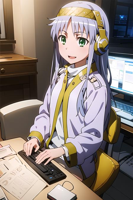 masterpiece, 1girl, index \(toaru majutsu no index\), cute, green eyes, silver hair, intense gaming, gaming computer, keyboard, mouse, (headphones), excited, anime, highly detailed