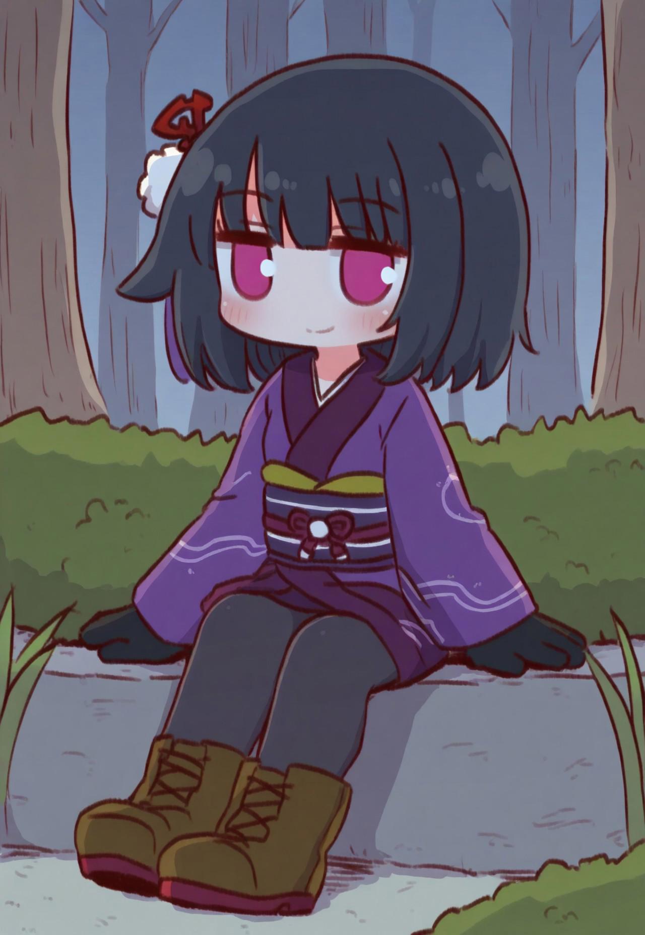 1girl, solo, {{{naga u}}}, purple kimono, black gloves, long black hair, purple eyes, outdoors, forest, smile, brown boots, hair ornament, black pantyhose