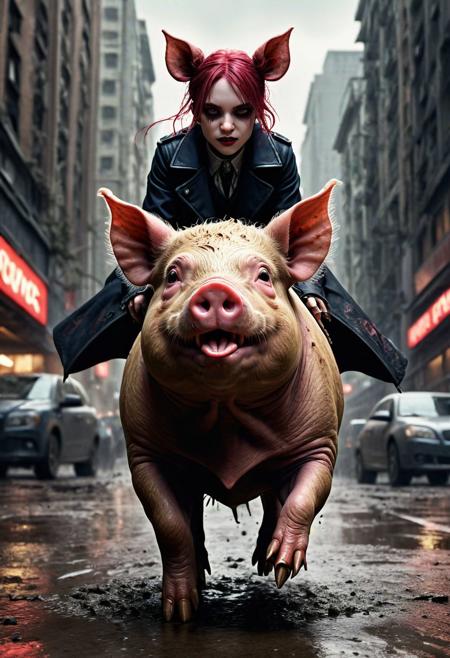 (( Photograph of (Evil and menacing but cute looking gothgirl, riding a large, muddy, angry dirty duroc pig on a busy city sidewalk.) = (the gothgirl is cute, the gothgirl is menacing, the gothgirl is evil) + (the duroc pig is large, the duroc pig is angry, the duroc pig is covered in dirt) + (The evil and menacing but cute gothgirl is on the back of the angry very dirty duroc pig, this same menacing cute evil gothgirl is looking towards the viewer, the evil and menacing but cute gothgirl is making a circle or 'O' shape with her hand and sticking her tongue in the centre) + (the angry dirty duroc pig is muddy, and bucking / the angry muddy duroc pig is jumping with an arched back) + (busy city sidewalk). Dystopian.))
BREAK
((Dark, melancholy, bleak, gritty, pyschologically unsettling, disturbing, upsetting, perfect quality, extremely detailed, intricately detailed background, cinematic, sepia with  soft washes of maroon, midnight blue, and dark purple, splatters of red blood, perfect accuracy, award winning photograph))
BREAK
,((uhd, 8k photograph taken with Sony A7R III, 1/30sec at f/5.6, ISO 20,000, 12-24mm f/4 at 12mm, unusual low angles looking up, experimental lighting, evil shadowing)) 
BREAK
((inverted pentagram emblem present)), 
ng_deepnegative_v1_75t, epiCRealism, Ellis-RealismBoost