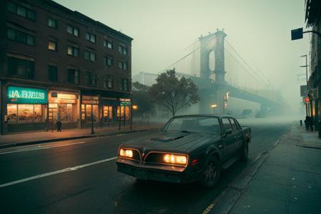 analog gloomy photo of a ((black car, <lora:tr4ns4m:0.9>)), (three quarter view), (in gritty new york city streets (at night)), speeding, motion blur, vandalized buildings, graffiti,  sports photography,  ((nighttime)), horror, midnight, High Detail, Sharp focus, (photorealism), realistic, best quality, 8k, award winning, dramatic lighting, epic, cinematic, masterpiece, rim light, (ambient fog:1.2), volumetric lights:0.6, dutch angle, depth of field,