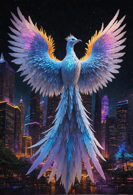 Best quality, masterpiece, Epic, cover-art, Subject: Luminous Seraphim. A majestic, ethereal creature with iridescent feathers, glowing blue accents, and a radiant aura, standing amidst a cityscape of gleaming skyscrapers, shimmering energy, and vibrant neon lights, bright yellow, orange, pink, green, blue, purple, red. Camera angle: overhead, looking down. Drawing style: photorealistic, watercolor, impressionist. Best quality, professional, Portrait, photo shoot,