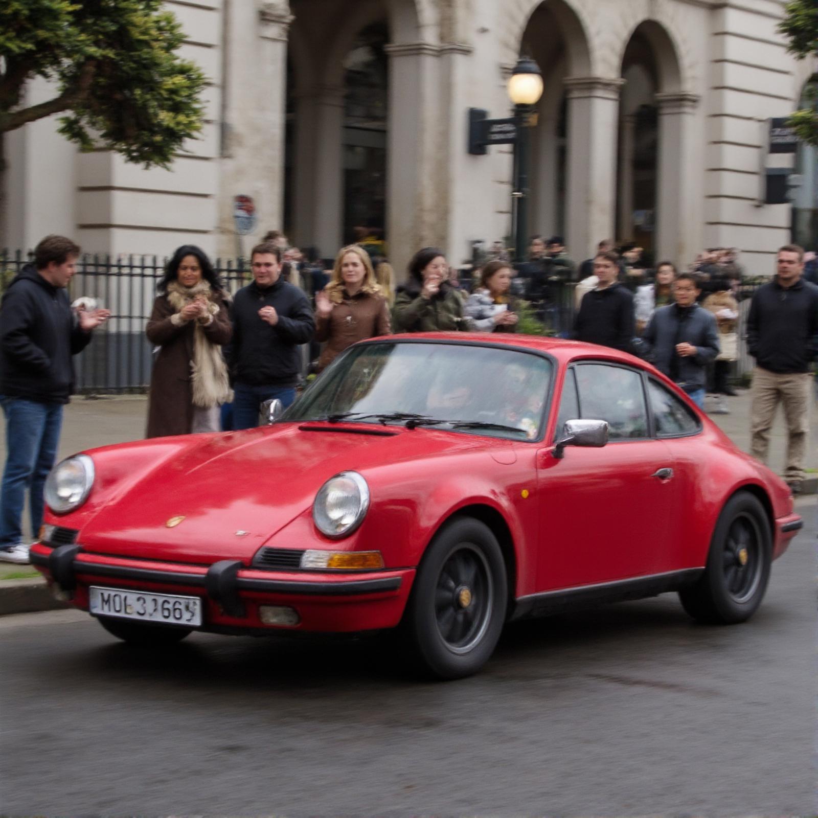 Porsche 911 GTS , london 1970, it's raining, everything's wet.  The car rushes across  at high speed. There are people standing in the background, waving and greeting the passing car.  This photo was taken in 1985 with an old camera,  <lora:Porsche 911:1>  <lora:amateurphoto:1>