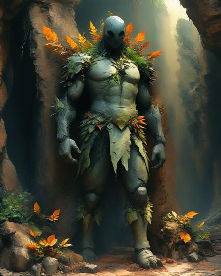 male massive earth elemental made of rock and dirt in the style of Roger Dean , full body, large thorn leaves, transparency, imaginative lighting, colors, magical cavern with hard lighting, hyper realistic, High definition, <lora:add-detail-xl:0.75> <lora:xl_more_art-full_v1:0.5>,  <lora:SandraChevrierXL:1> sachr,  <lora:Ben Aronson Style:1> Ben Aronson Style page,  <lora:MJ52:0.4>