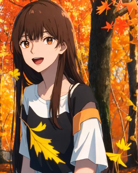 1girl, :d, autumn, autumn_leaves, bangs, black_shirt, blurry, blurry_background, blurry_foreground, brown_eyes, brown_hair, burning, campfire, collarbone, depth_of_field, evening, explosion, eyebrows_visible_through_hair, falling_leaves, fire, ginkgo_leaf, hair_between_eyes, holding_leaf, leaf, long_hair, looking_at_viewer, maple_leaf, motion_blur, open_mouth, orange_sky, orange_theme, outdoors, photo_background, shirt, short_sleeves, smile, solo, sunset, upper_body <lora:chara_AnzuHanashiro:0.8>