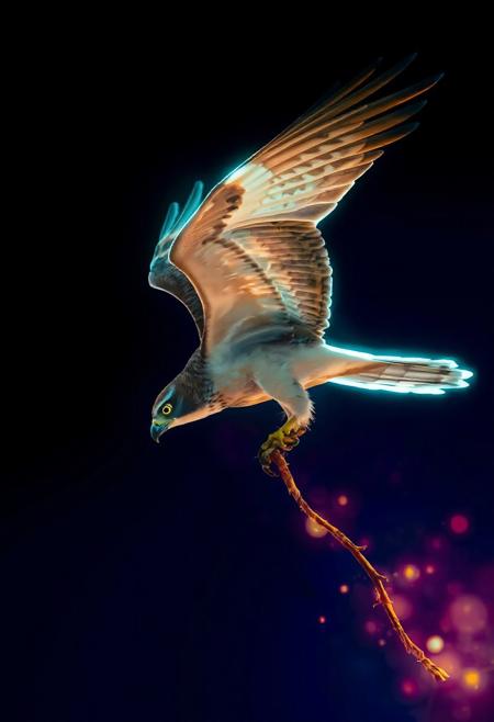 JNANX,luminous white silhouette,cyan glow,emerald highlights,flickering outline,dreamlike movement,rippling colors,drifting embers,infinite black background,psychedelic colors,ethereal,futuristic surrealism,gw,glowing,night,night sky,trippy,
A medium-sized bird of prey with brown and tan plumage, broad wings, and a hooked beak is flying in a clear blue sky while carrying a long, thin branch in its talons.
