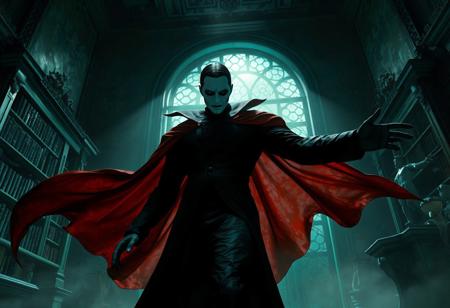 horror Vampire Ghost, "Castlevania: Lords of Shadow 2," dimly lit aristocratic room. Black outfit, flowing red cape. Masked face. Bookshelf, statue. Green and black color palette. Low angle, imposing presence. Baroque painting, dynamic action pose, octane render, Unreal Engine 5, trending on Artstation, CGSociety, 8k HDR, golden ratio, splash ink illustration, lifelike details, super detailed face and clothes, exceptional quality, more detail.