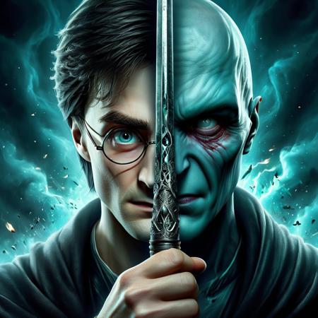 create an realistic image of Harry Potter holding wand infront of face, half of the face is Harry Potter, on other half its Voldemort, digital art, TwoFace Blade, HD, masterpiece, best quality, hyper detailed, ultra detailed,