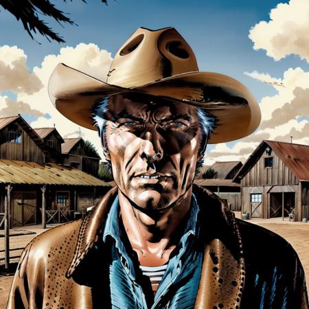 drawing of old cowboy, clint eastwood, standing, brown eyes, detailed face, detailed eyes, poncho, blue jeans, horse barn, blue sky, clouds, <lora:bonelli-000006:0.7>