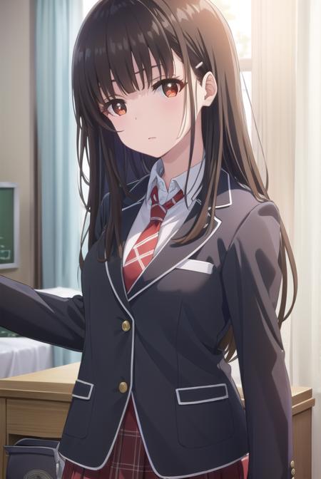 yumeirido, <lora:yume irido s1-lora-nochekaiser:1>,
yume irido, long hair, bangs, (black hair:1.5), hair ornament, (brown eyes:1.5), hairclip,
BREAK shirt, school uniform, jacket, white shirt, necktie, collared shirt, blazer, red necktie, red skirt, skirt,
BREAK indoors, classroom,
BREAK looking at viewer, (cowboy shot:1.5),
BREAK <lyco:GoodHands-beta2:1>, (masterpiece:1.2), best quality, high resolution, unity 8k wallpaper, (illustration:0.8), (beautiful detailed eyes:1.6), extremely detailed face, perfect lighting, extremely detailed CG, (perfect hands, perfect anatomy),