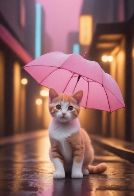 score_9, score_8_up, score_7_up, masterpiece-level, highly detailed, fantasy-themed, cute animal focus, really cute animal, cute focus, intricate details, vibrant and hilariously relaxed aesthetics, (rain made from candyhearts,:1.5) , (raindrops made from candyhearts,:1.5) text
holding, umbrella:2, raining, kitten:2, kneeling, photorealistic render with Warframe aesthetic, dramatic lighting, best quality, plastic umbrella, (raindrops made from candyhearts:1.5)visible to shelter protecting a tiny, shivering calico kitten kitten nestled in a dark, atmospheric alleyway between high-tech buildings, (rain made from candyhearts:1.5) pouring down dramatic nighttime lighting, illuminated primarily by streetlights and the focusing on the kitten huddled safely, cute kitten, protection, rainy night, umbrella, juxtaposition, touching moment, sci-fi elegance, masterpiece, best quality, best quality, absurdres, 8k, HDR, <lora:albrecht_labs:1>