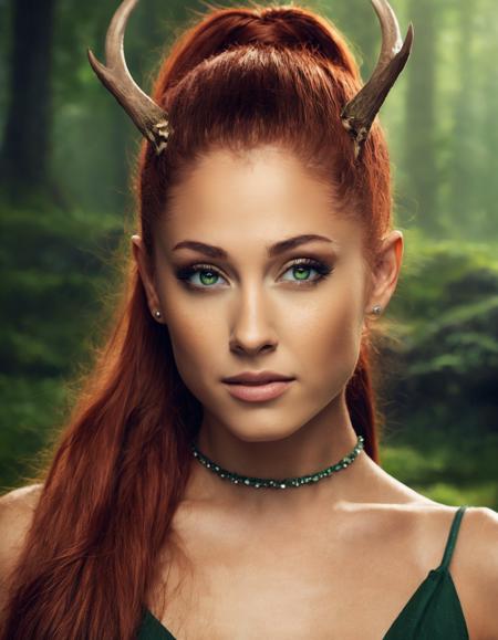 cinematic photo ((ohwx woman)) as a druid, perfect face, thin antlers, green halter top, ginger hair, abs, cinematic, freckles, stunning, athletic, strong, agile, highly detailed, psychedelic, digital painting, artstation, smooth, hard focus, illustration, art by jessica rossier and and brian froud  <lora:ariana_lora_sdxl_v3:1> . 35mm photograph, film, bokeh, professional, 4k, highly detailed