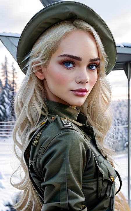 beautiful Elsa Jeans  posing as an army officer, photo referenced, highest quality, high quality, (detailed face and eyes), dusk lighting, high boots, strong makeup, industrial, outdoor snow forest background <lora:Elsa Jeans:0.9> close up