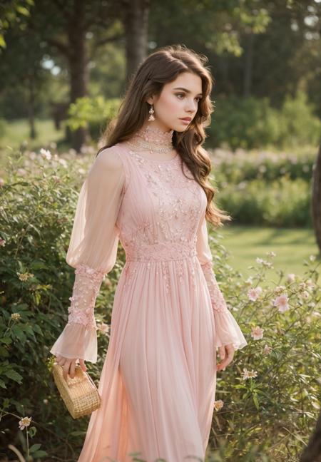 cinematic film still Princess,hair  brown, long hair, dress pink long, looking at viewer,  realistic,  solo, sunset, body,paradise, hand in flowers . shallow depth of field, vignette, highly detailed, high budget, bokeh, cinemascope, moody, epic, gorgeous, film grain, grainy