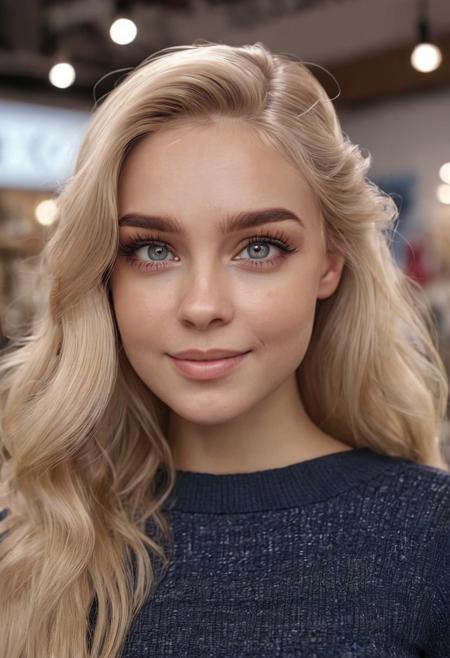 1girl, half-polish, slavic, anglo, portrait, headshot, cute model, Long thick Maxi Skirt, Knit tube top, swept back hair, alluring smile, working at a clothing store, perfect eyes, highly detailed beautiful expressive eyes, detailed eyes, 35mm photograph, film, bokeh, professional, 4k, highly detailed dynamic lighting, photorealistic, 8k, raw, rich, intricate details, identical iris, blonde hair