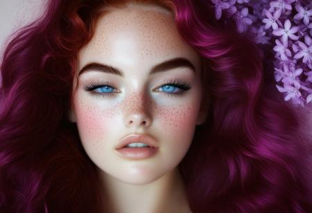 This is a high-resolution, highly detailed photograph of a young woman with an ethereal, dreamy quality. She has light, creamy skin and striking, piercing blue eyes that are wide open, gazing directly at the camera. Her face is covered in tiny, sparkling snow specks, likely a makeup effect, which adds a magical, otherworldly glow to her appearance. Her skin is dotted with freckles, particularly prominent on her nose and cheeks. 
Her long, wavy hair is a vibrant, neon purple, cascading down her shoulders, and adored with tiny lilac blossoms blending into her surroundings.rockabilly style, 1girl, freckles, solo, flower, looking at viewer, pink hair, pink flower, long hair, eyelashes, portrait, 1950's