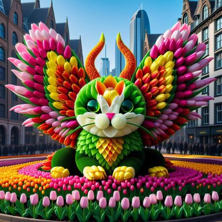 jaynl-tm, made of tulips, A fantastical, robotic creature that blends tulip-inspired elements with mechanical precision, walking through a surreal tulip-infested cityscape. The creature appears as a fusion of an insect and tulips, with a predominantly green body adorned with intricate tulip petal patterns in vibrant hues of pink, yellow, and orange, creating a futuristic, high-tech aesthetic. Its segmented legs, featuring sharp, claw-like tulip-textured appendages, combine metallic and botanical designs. Large, insect-like wings crafted from layered tulip petals are translucent and veined with glowing hues, resembling crystalline tulip structures. The head is small and rounded, featuring a large, glowing green eye surrounded by tulip motifs. The mouth is small and sharp, adding a fantastical edge. The background is a kaleidoscopic cityscape, with tulip-covered buildings and streets. Circular patterns and gem-like tulip protrusions adorn the creature, capturing its otherworldly elegance.